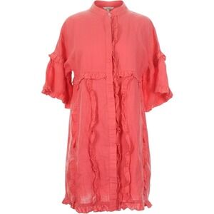 p cill Ruffle Linen Blend Tunic Dress Womens S Coral Boho Midi Garden Party